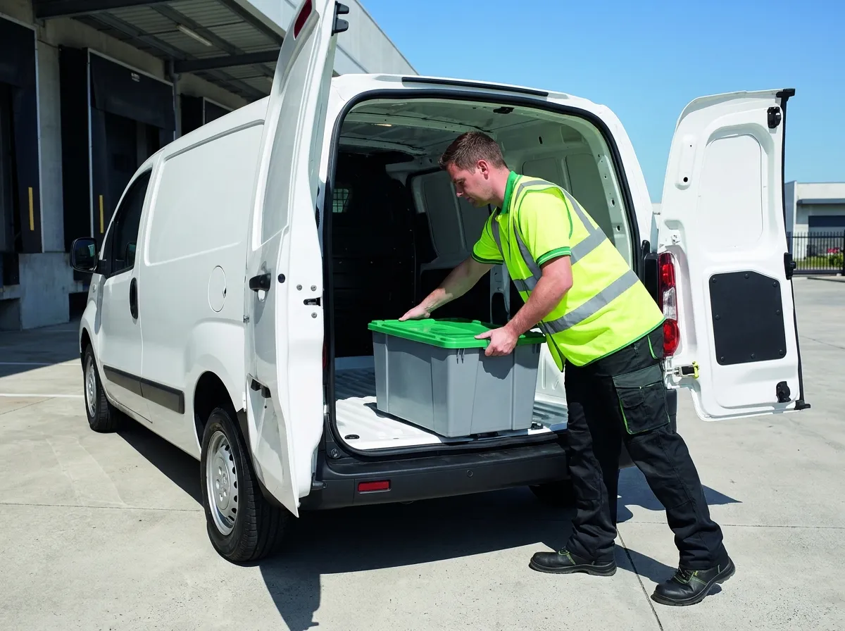 Technician loading a labeled tote bin into the open rear doors of a cargo van at a business loading dock