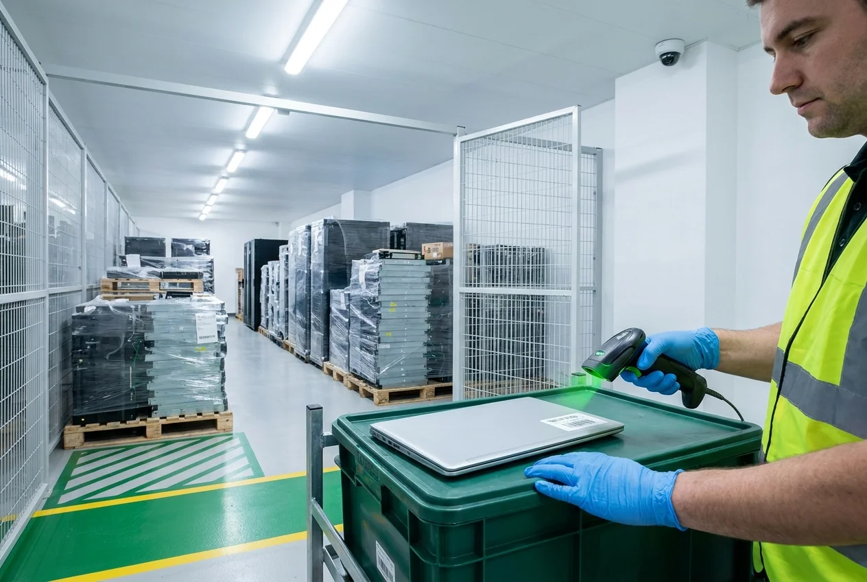 Technician scanning a QR asset tag on server equipment