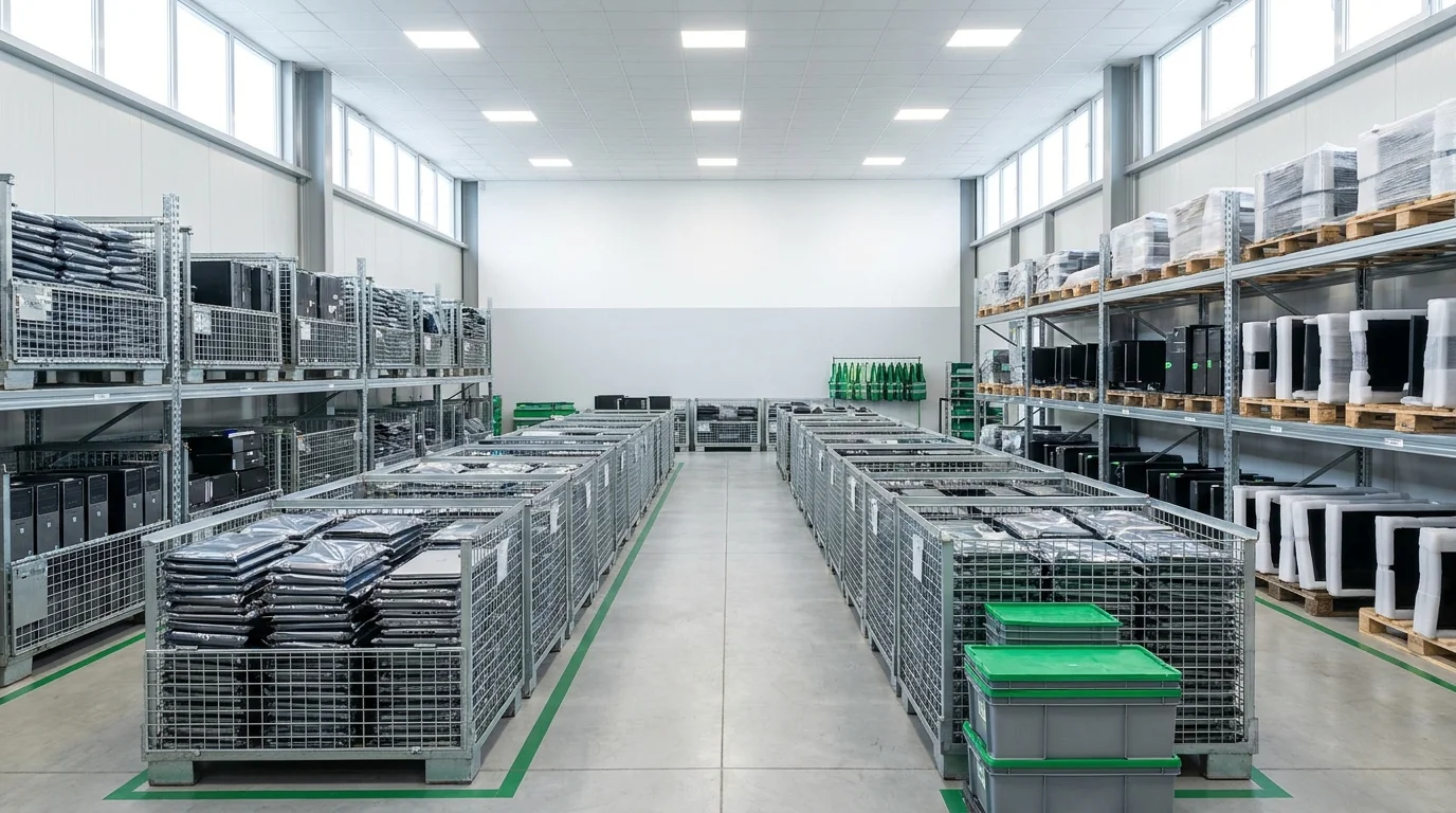 Neatly sorted laptops, desktops, and monitors staged for certified recycling in a clean facility