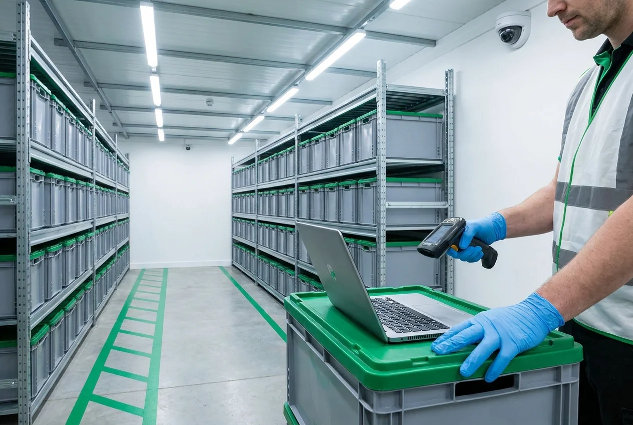 Technician scanning a barcode label on IT equipment in a secure warehouse aisle