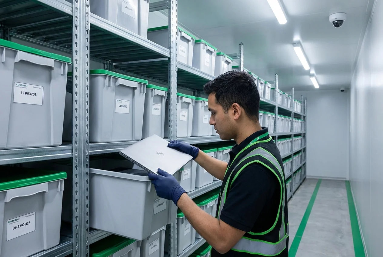 Technician scanning a barcode label on IT equipment in a secure warehouse aisle