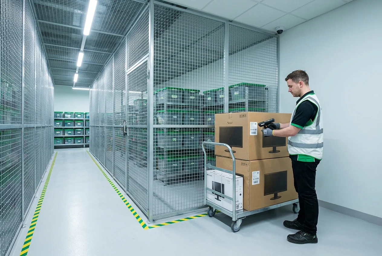 Technician scanning a barcode label on IT equipment in a secure warehouse aisle