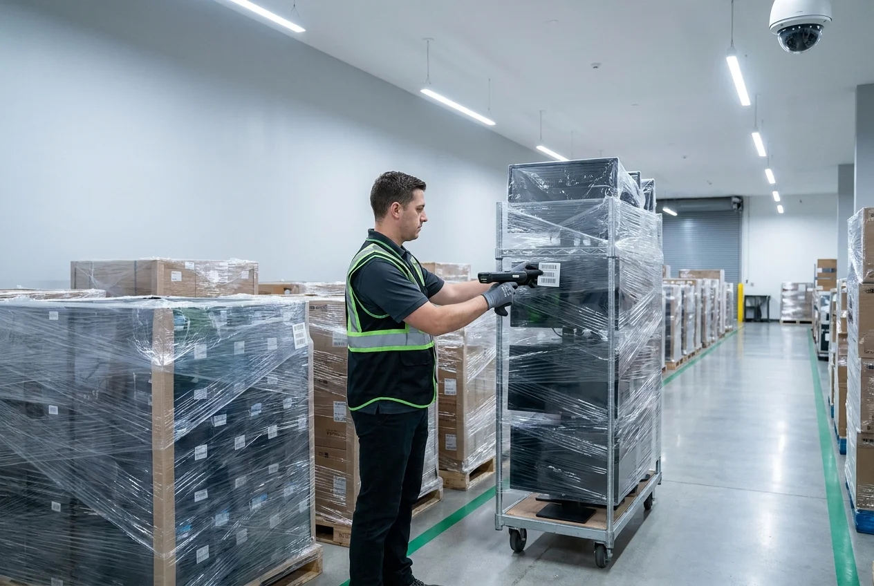 Technician scanning a barcode label on IT equipment in a secure warehouse aisle