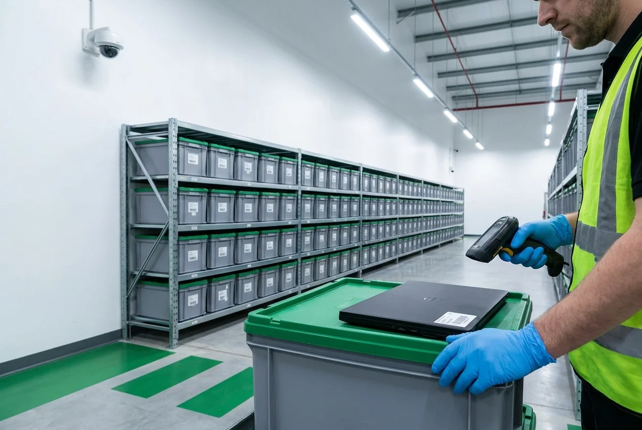 Technician scanning a barcode label on IT equipment in a secure warehouse aisle