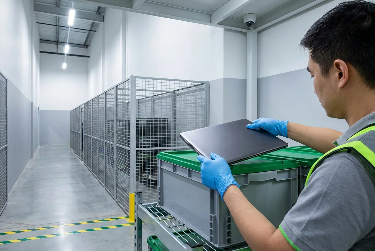 Technician scanning a barcode label on IT equipment in a secure warehouse aisle