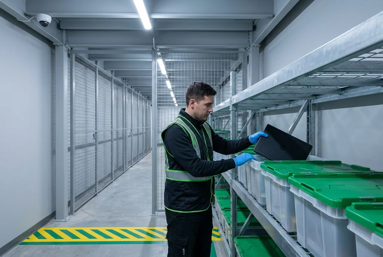 Technician scanning a barcode label on IT equipment in a secure warehouse aisle