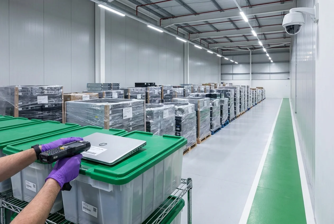 Technician scanning a barcode label on IT equipment in a secure warehouse aisle