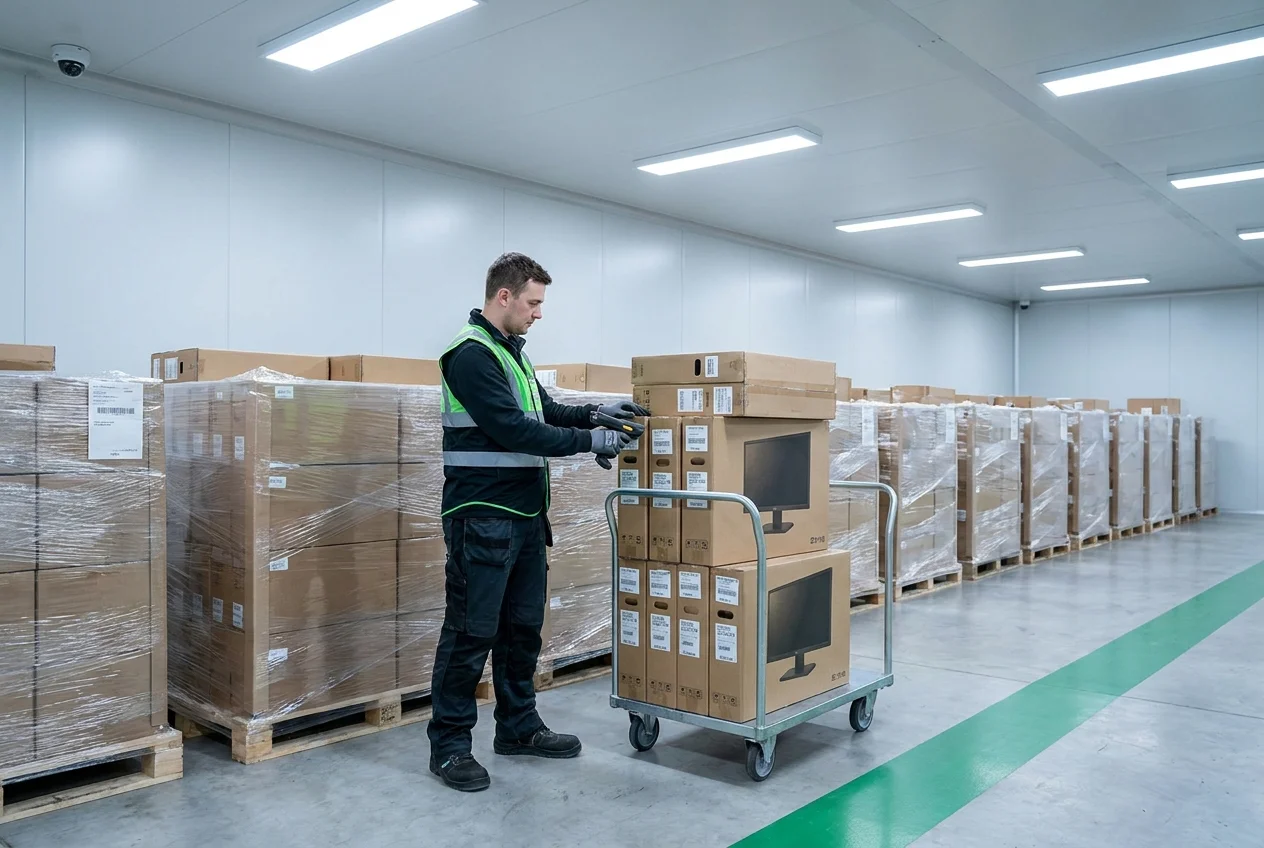 Technician scanning a barcode label on IT equipment in a secure warehouse aisle