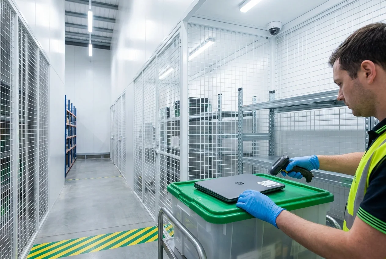 Technician scanning a barcode label on IT equipment in a secure warehouse aisle