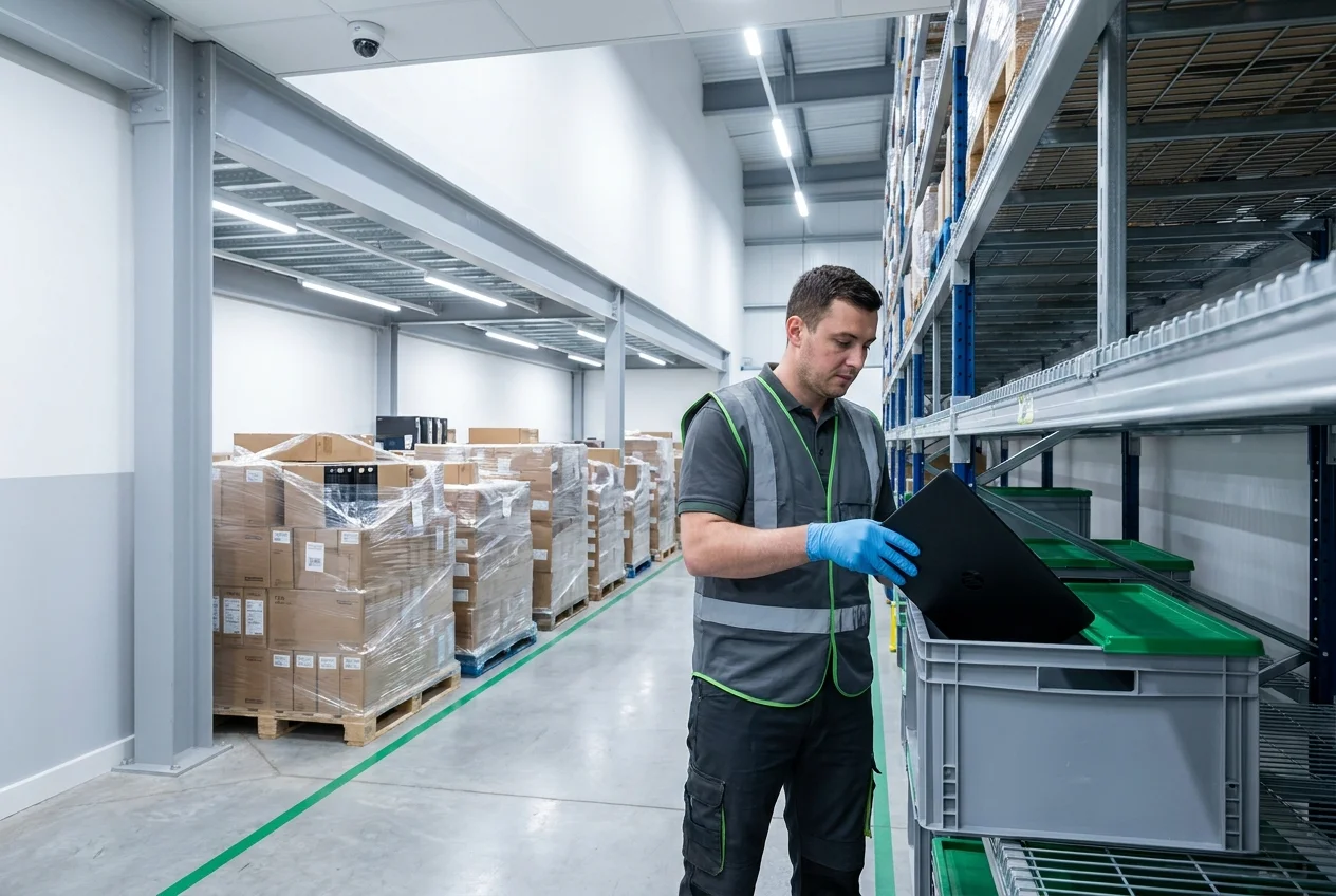 Technician scanning a barcode label on IT equipment in a secure warehouse aisle