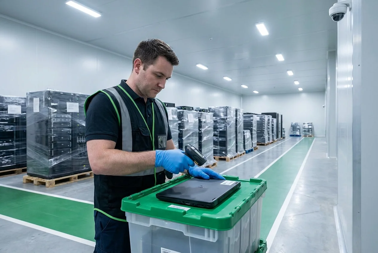 Technician scanning a barcode label on IT equipment in a secure warehouse aisle