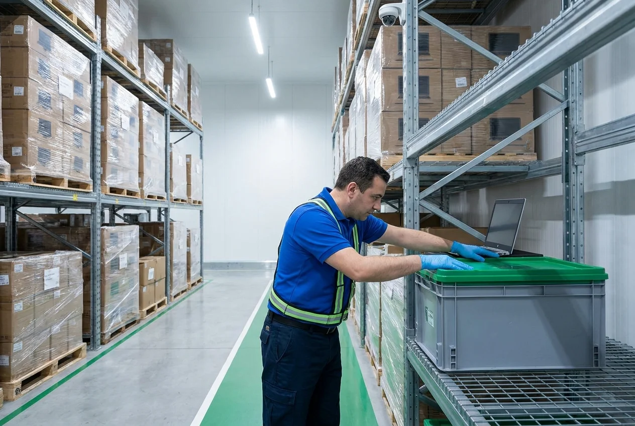 Technician scanning a barcode label on IT equipment in a secure warehouse aisle