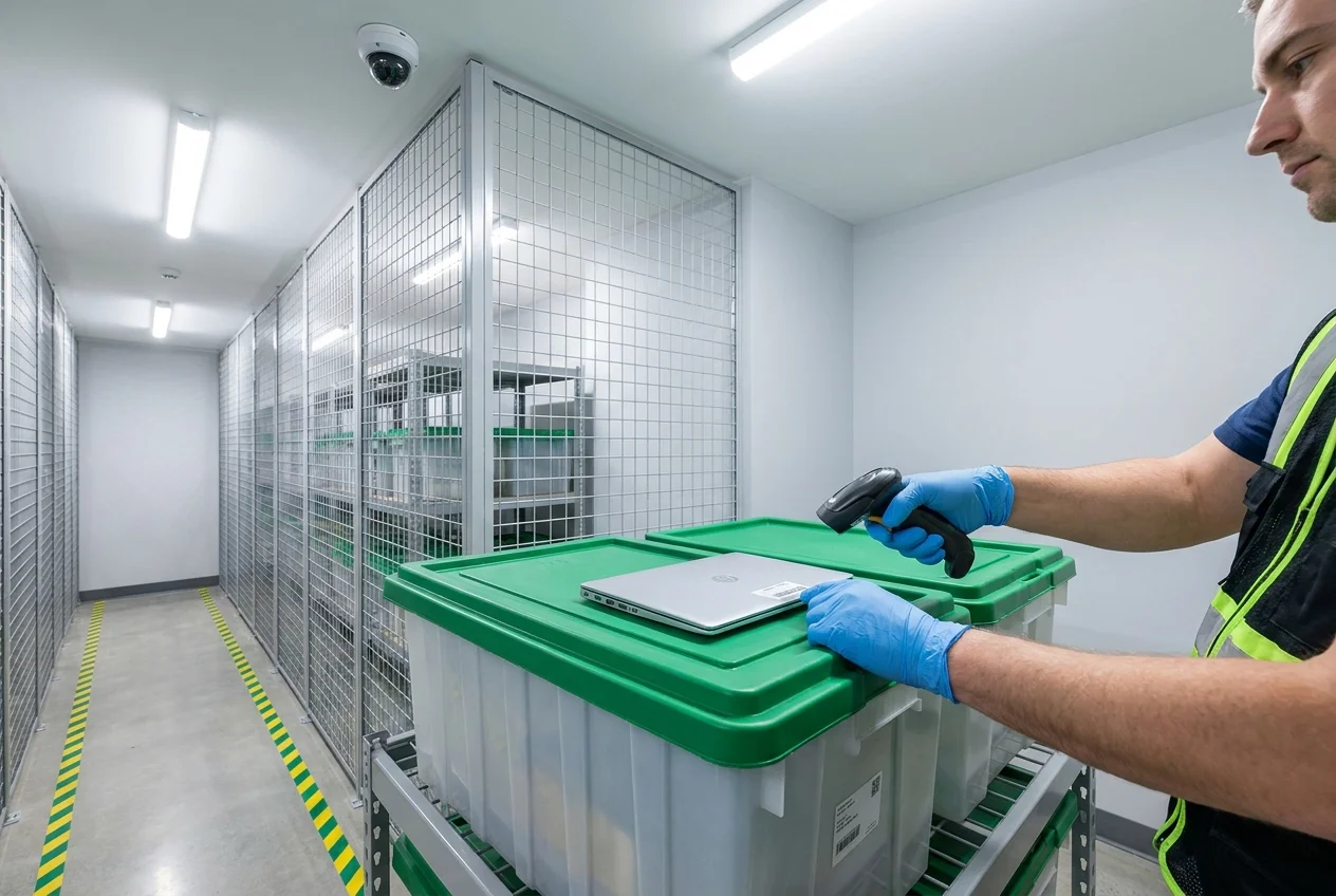 Technician scanning a barcode label on IT equipment in a secure warehouse aisle