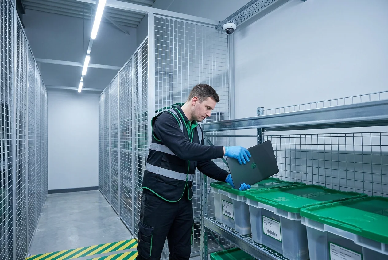 Technician scanning a barcode label on IT equipment in a secure warehouse aisle