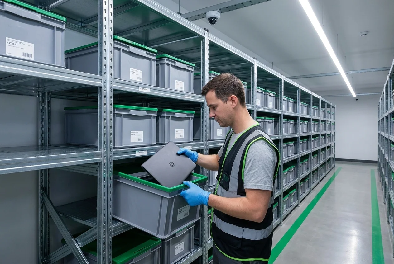 Technician scanning a barcode label on IT equipment in a secure warehouse aisle