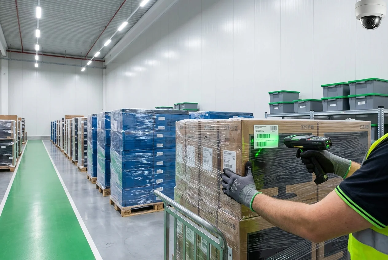 Technician scanning a barcode label on IT equipment in a secure warehouse aisle