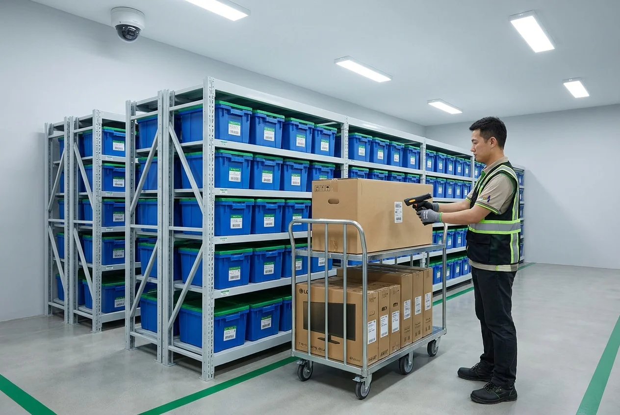 Technician scanning a barcode label on IT equipment in a secure warehouse aisle