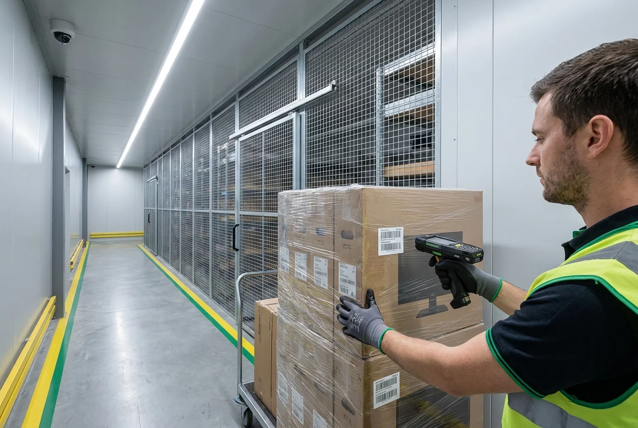 Technician scanning a barcode label on IT equipment in a secure warehouse aisle
