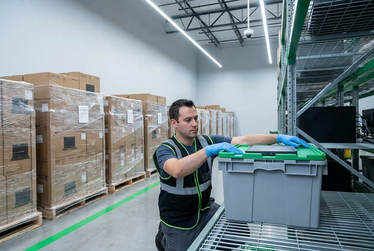 Technician scanning a barcode label on IT equipment in a secure warehouse aisle