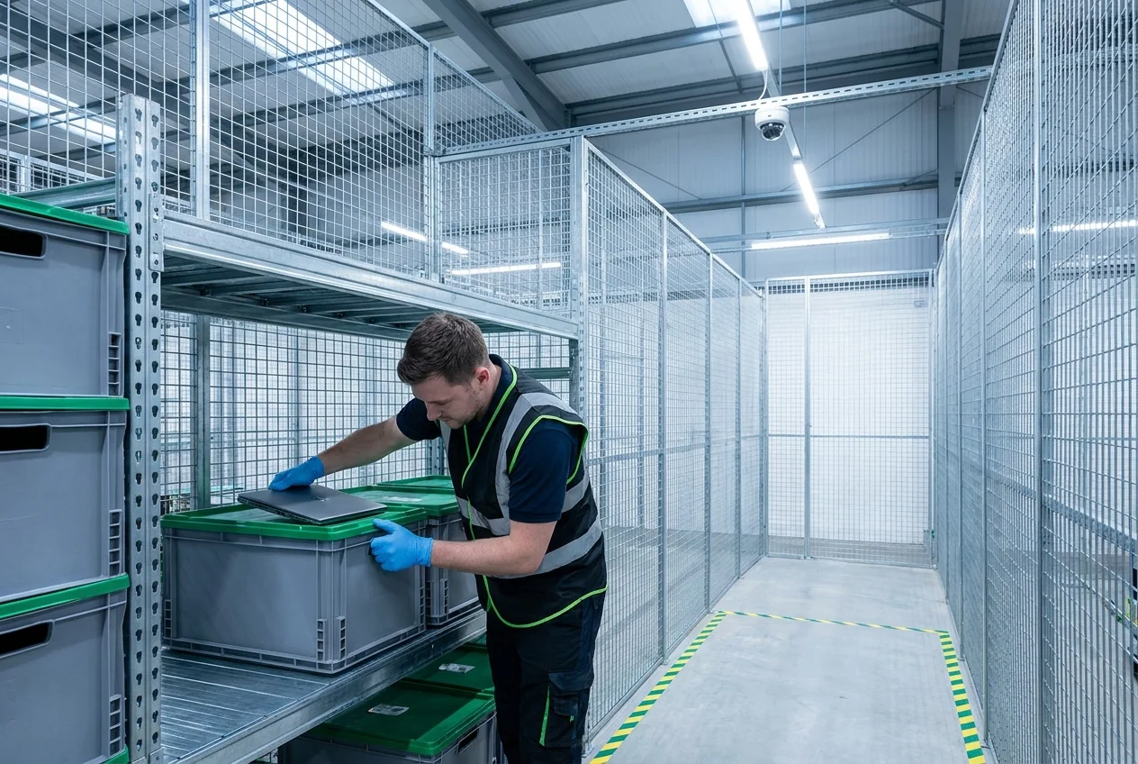 Technician scanning a barcode label on IT equipment in a secure warehouse aisle