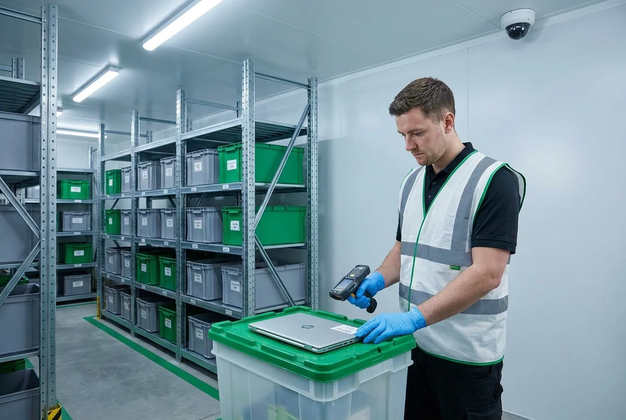 Technician scanning a barcode label on IT equipment in a secure warehouse aisle