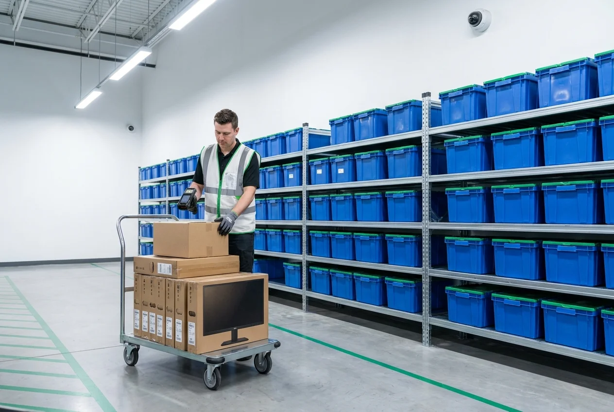 Technician scanning a barcode label on IT equipment in a secure warehouse aisle