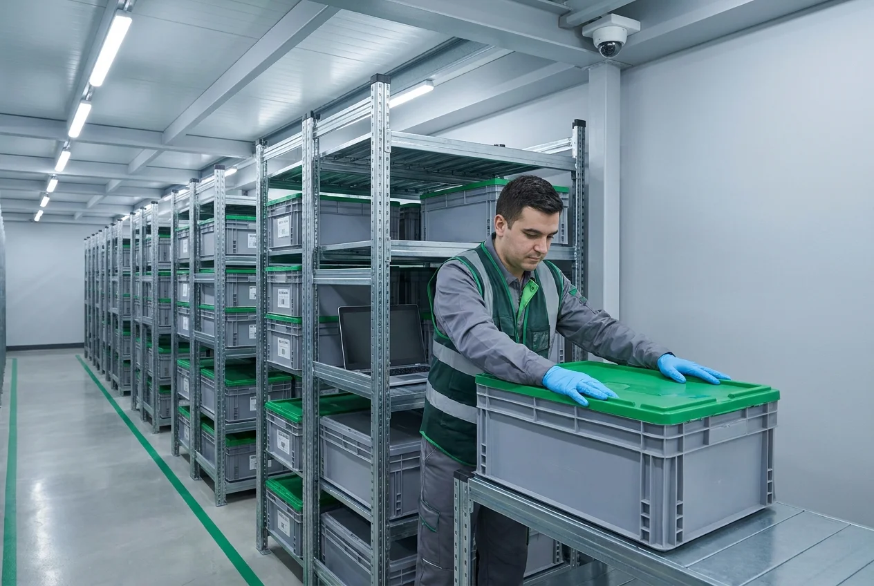 Technician scanning a barcode label on IT equipment in a secure warehouse aisle