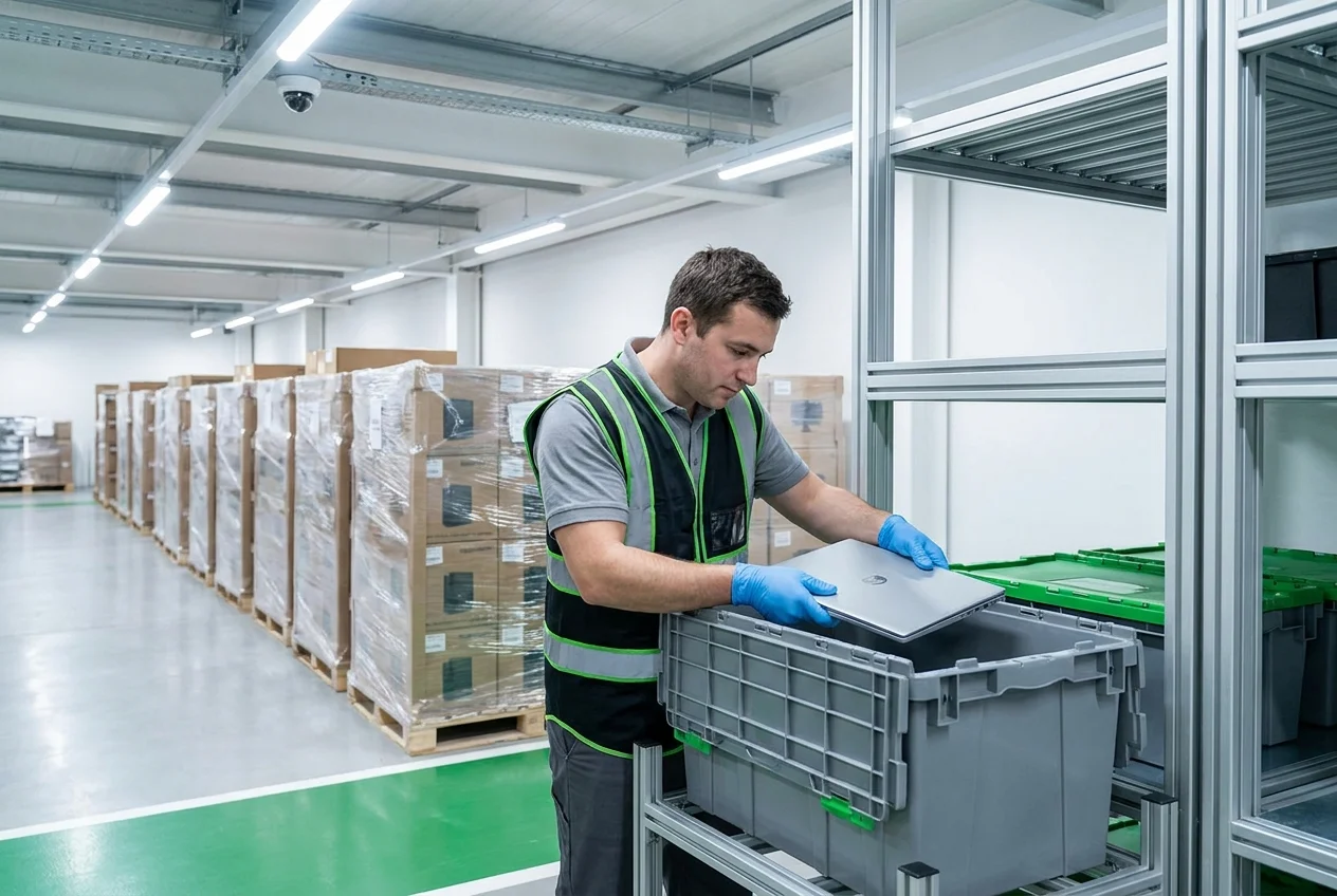 Technician scanning a barcode label on IT equipment in a secure warehouse aisle