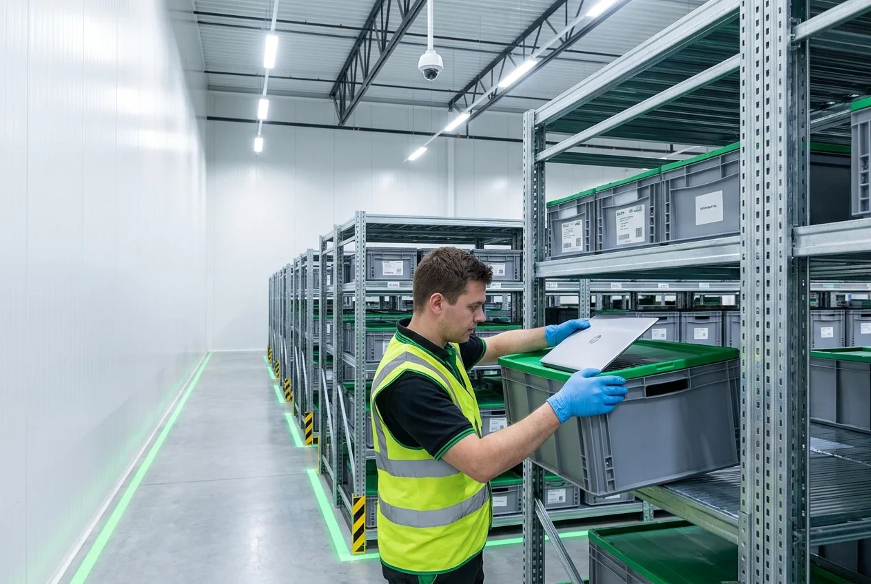 Technician scanning a barcode label on IT equipment in a secure warehouse aisle