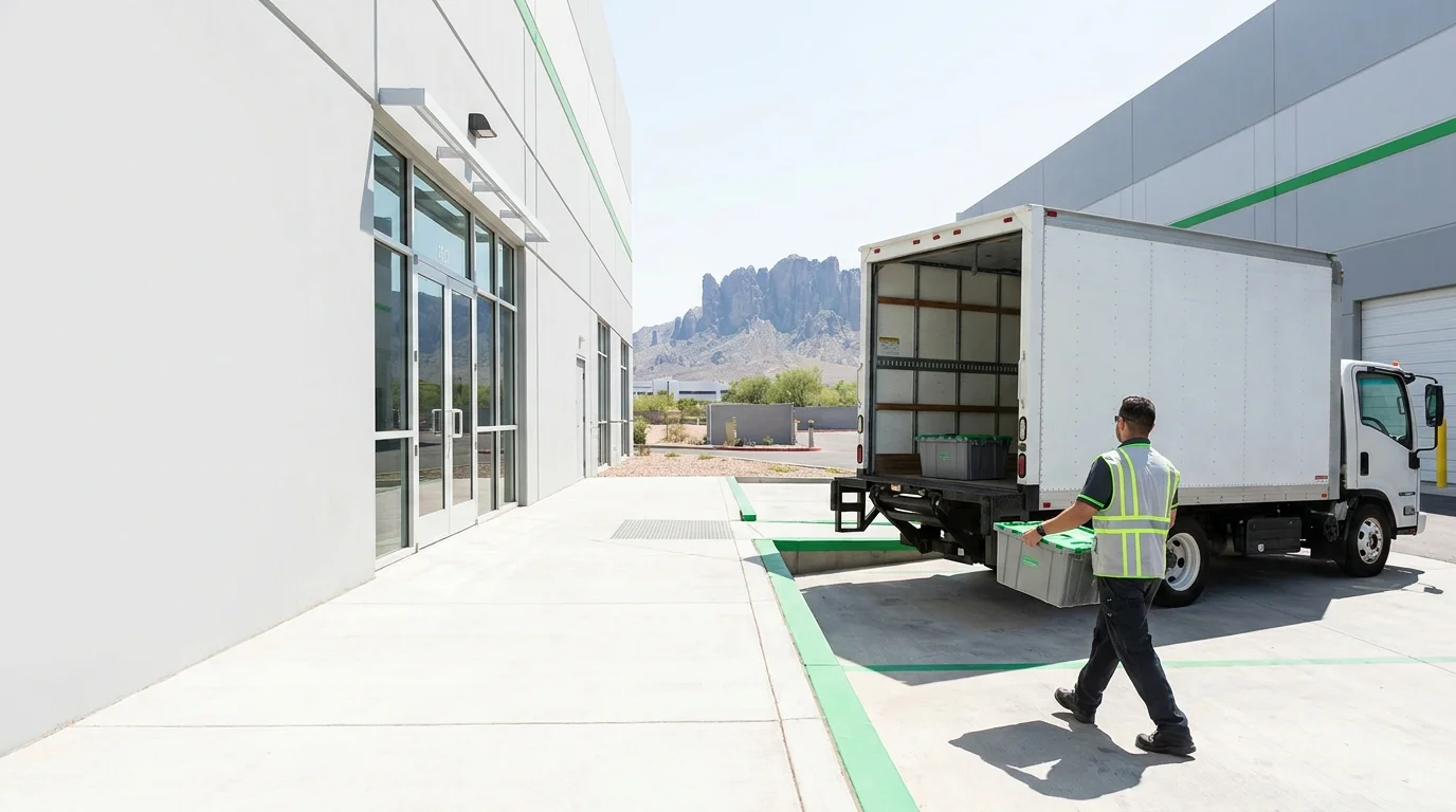 Technician carrying a tote bin toward a cargo vehicle at a Phoenix-area loading dock, with a desert mountain silhouette on the horizon