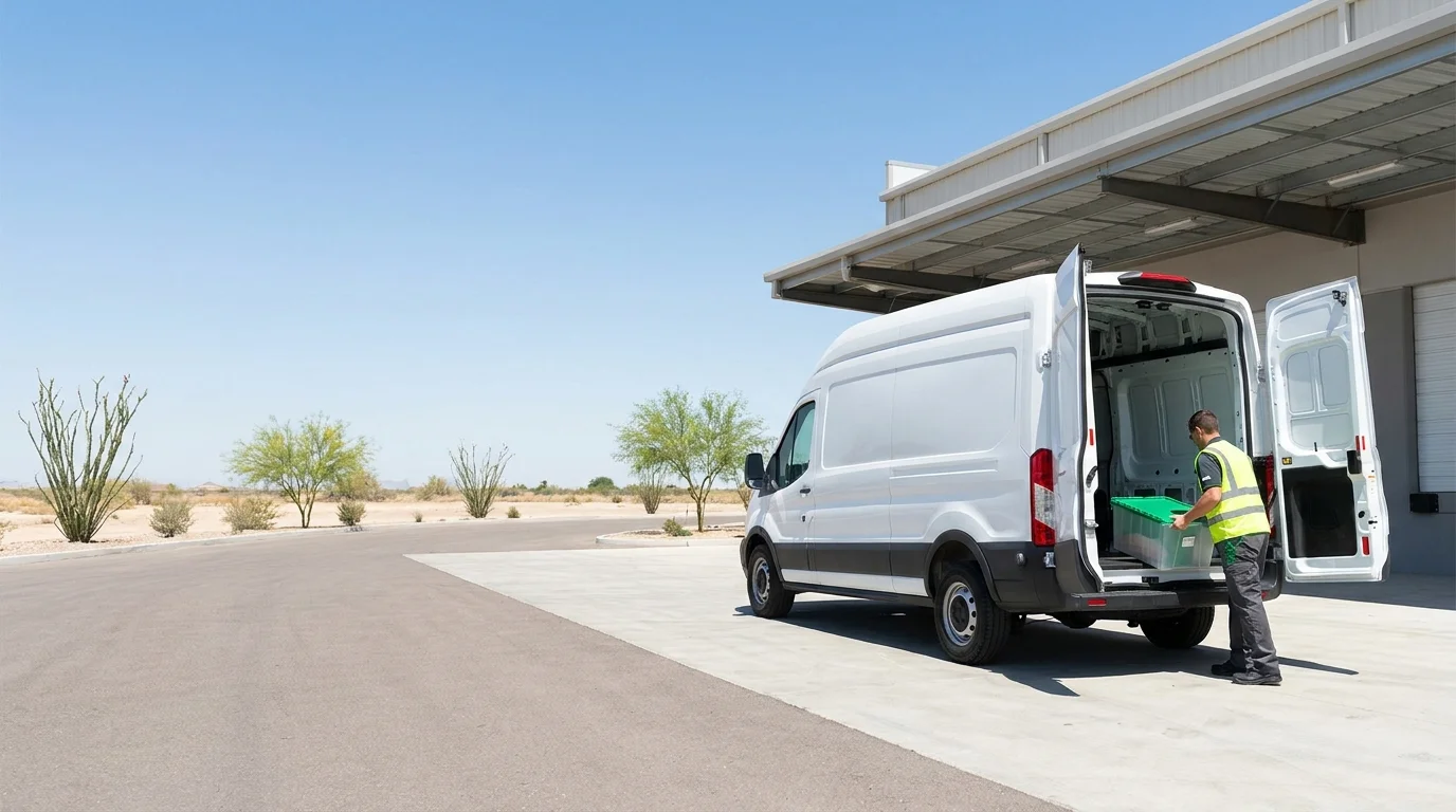 Technician carrying a tote bin toward a cargo vehicle at a Phoenix-area loading dock