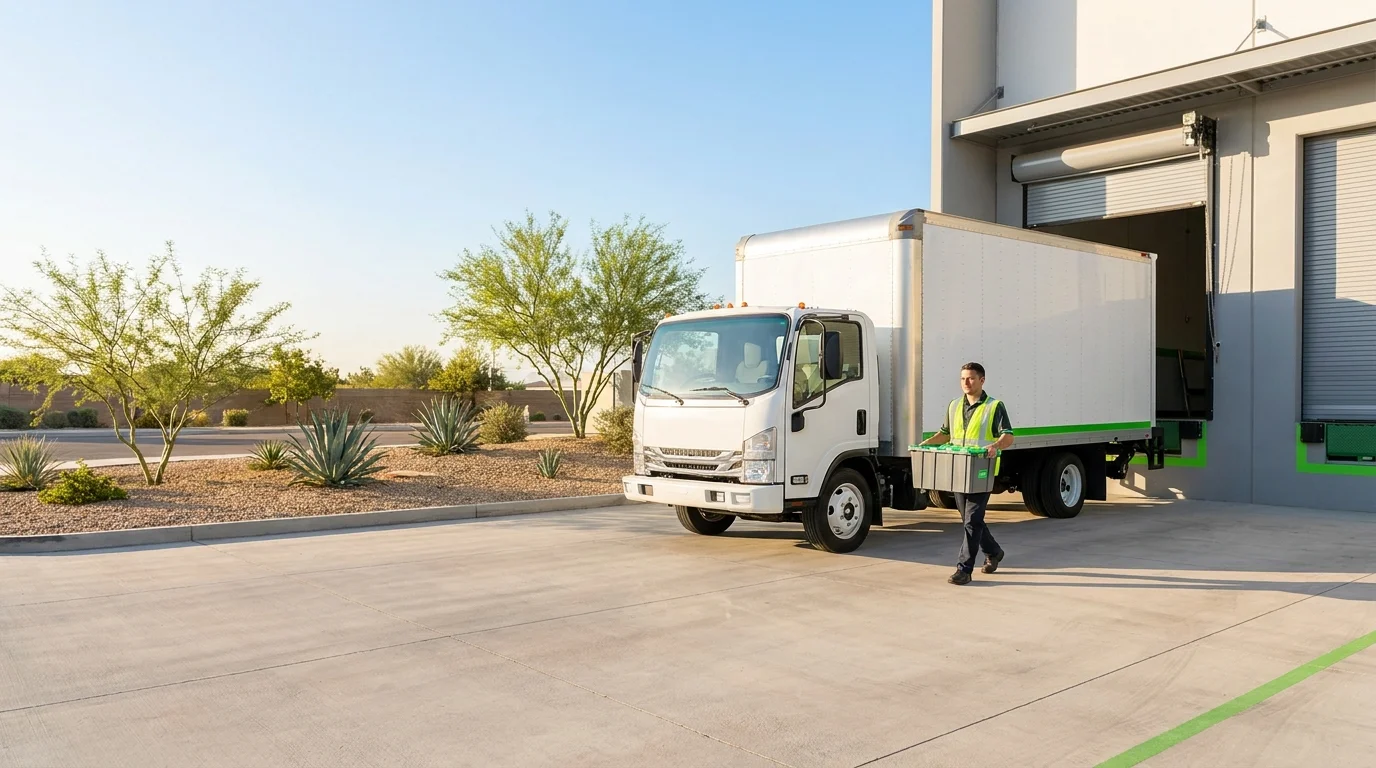 Technician carrying a tote bin toward a cargo vehicle at a Phoenix-area loading dock