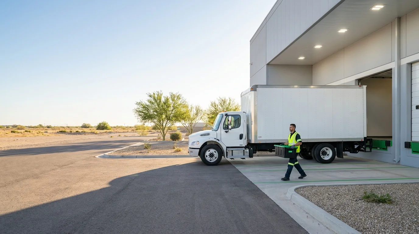Technician carrying a tote bin toward a cargo vehicle at a Phoenix-area loading dock