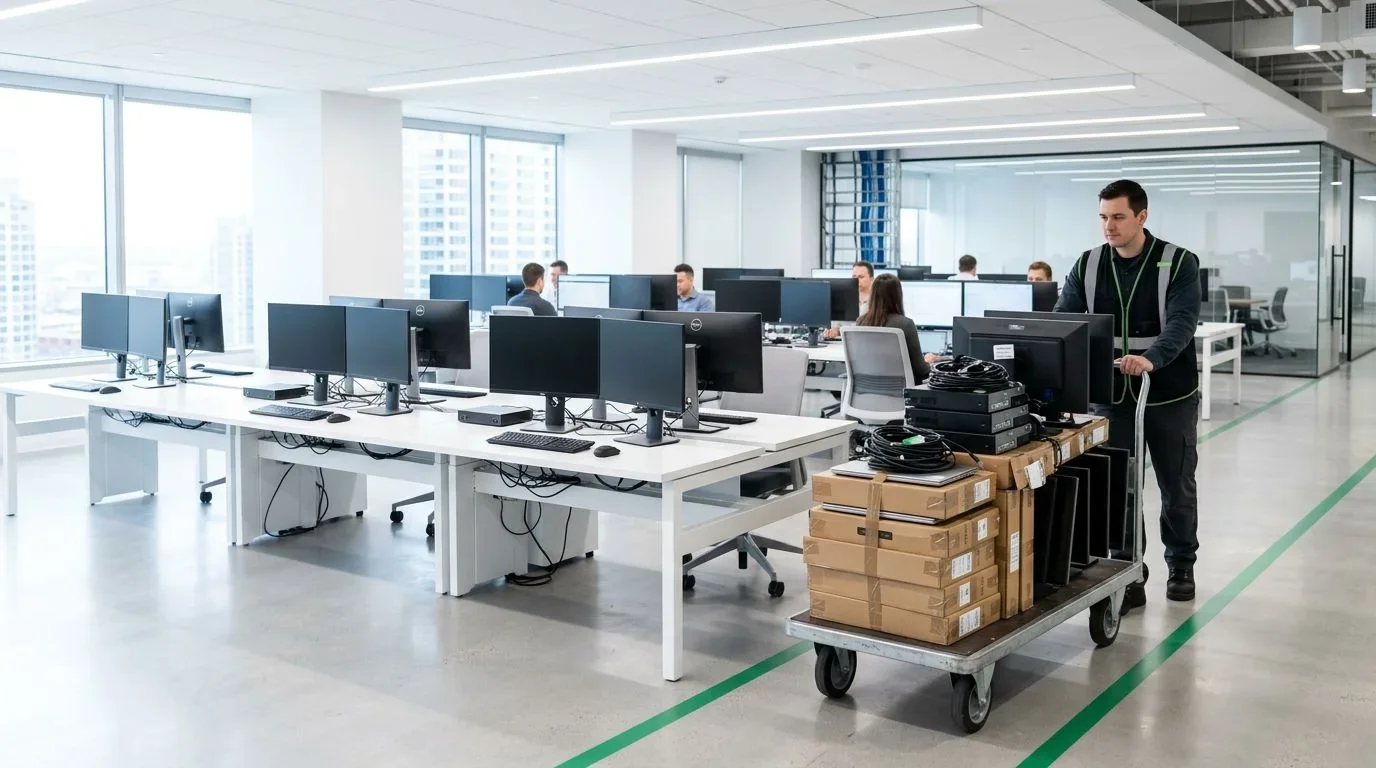 Technician wheeling a cart of retired monitors and boxed laptops through an open-plan office
