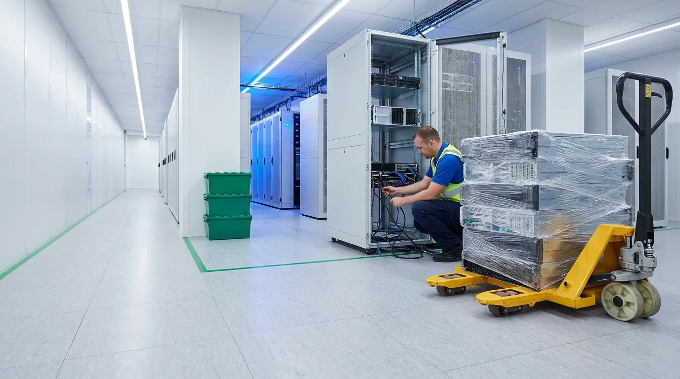 Technician disconnecting cables from a server rack mid-teardown in a data center aisle, with a pallet jack loaded with removed rack units nearby