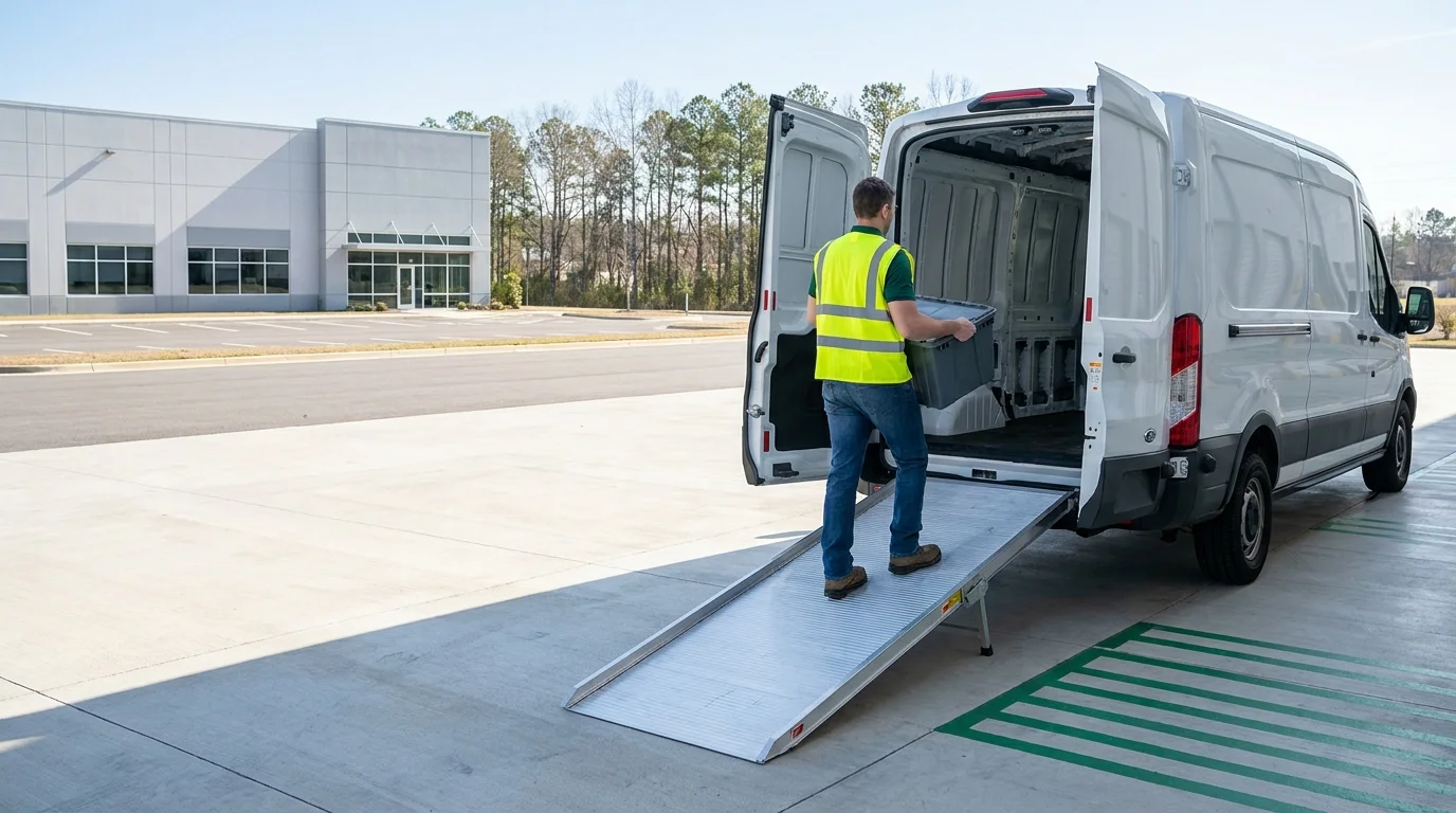Technician carrying a tote bin up a ramp into a cargo van, with a suburban light-industrial office park building visible in the distance