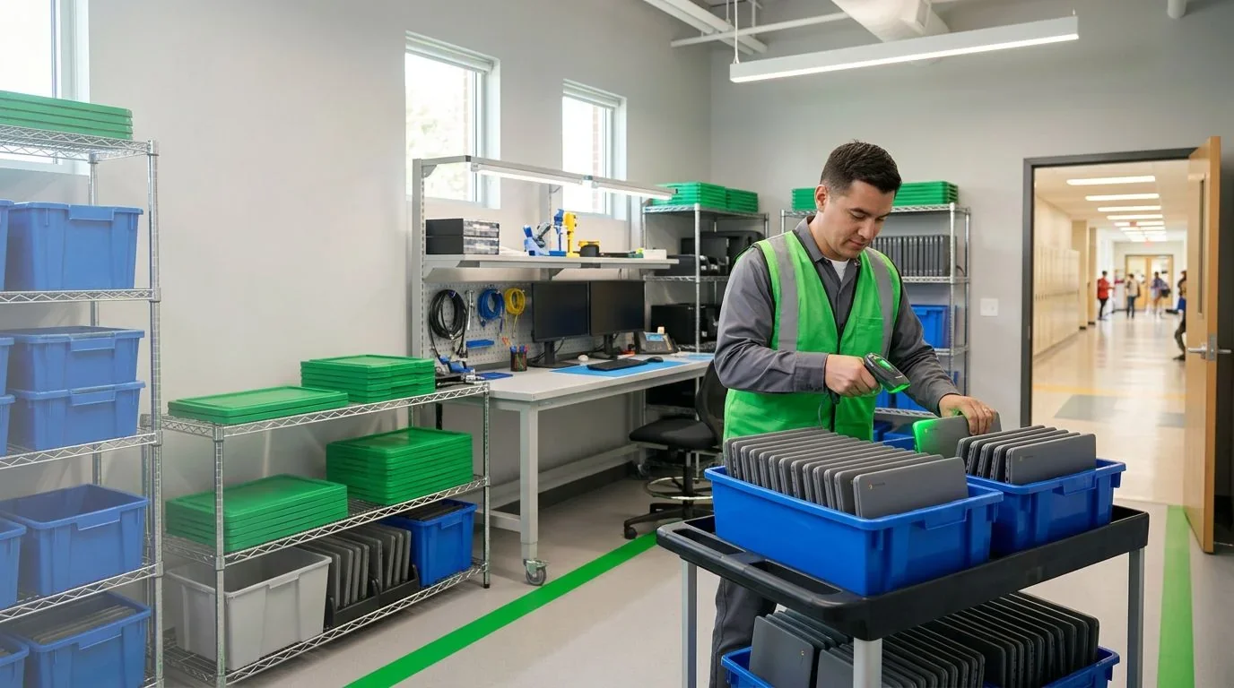 Technician packing Chromebook-style laptops from a charging cart into tote bins in a school IT storage room