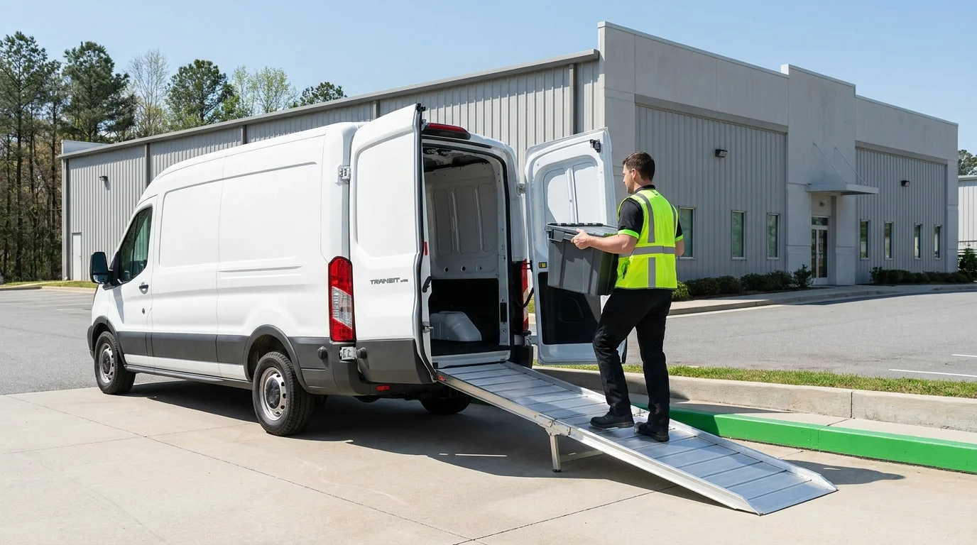 Technician carrying a tote bin up a ramp into a cargo van, with a suburban light-industrial park building visible in the distance