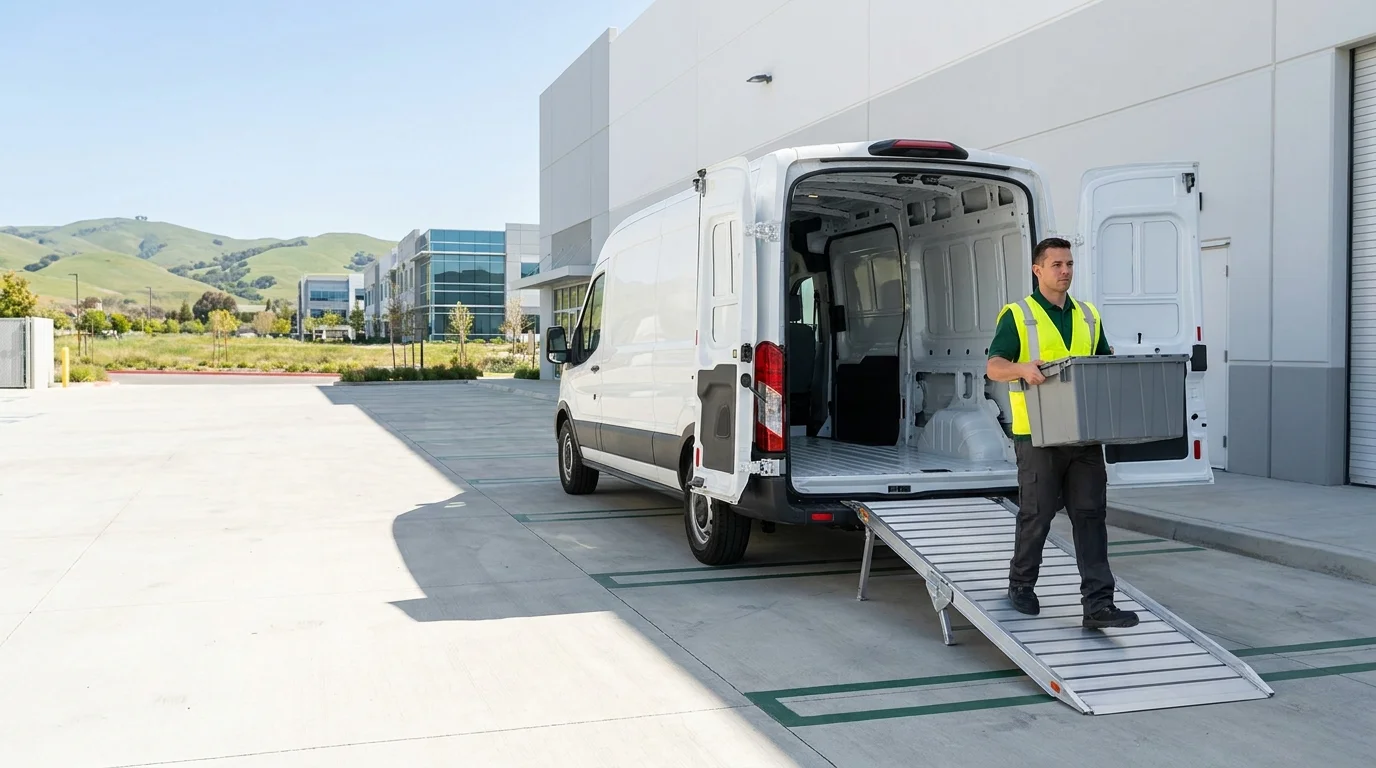 Technician carrying a tote bin up a ramp into a cargo van, with Bay Area hills and a tech-corridor office park visible in the distance
