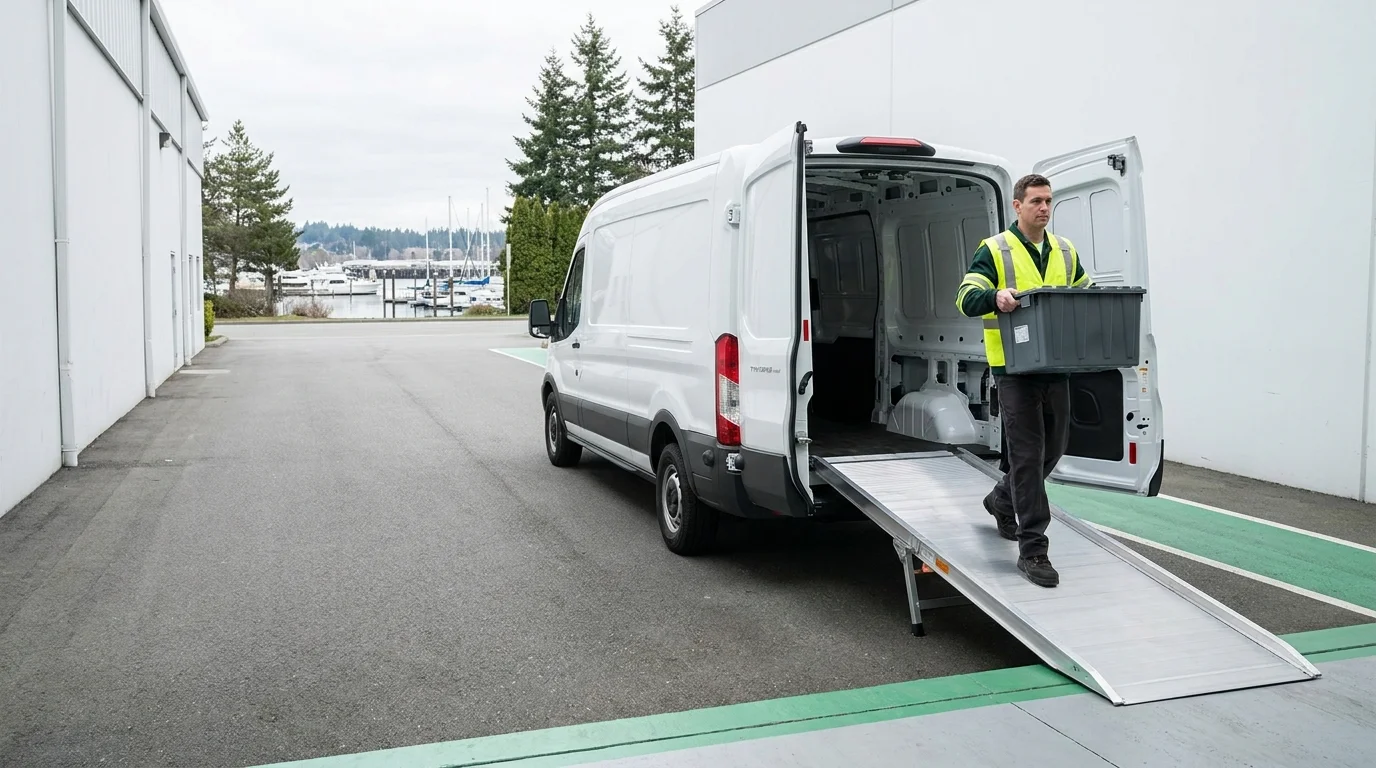 Technician carrying a tote bin up a ramp into a cargo van, with evergreen trees and a glimpse of harbor water visible in the distance