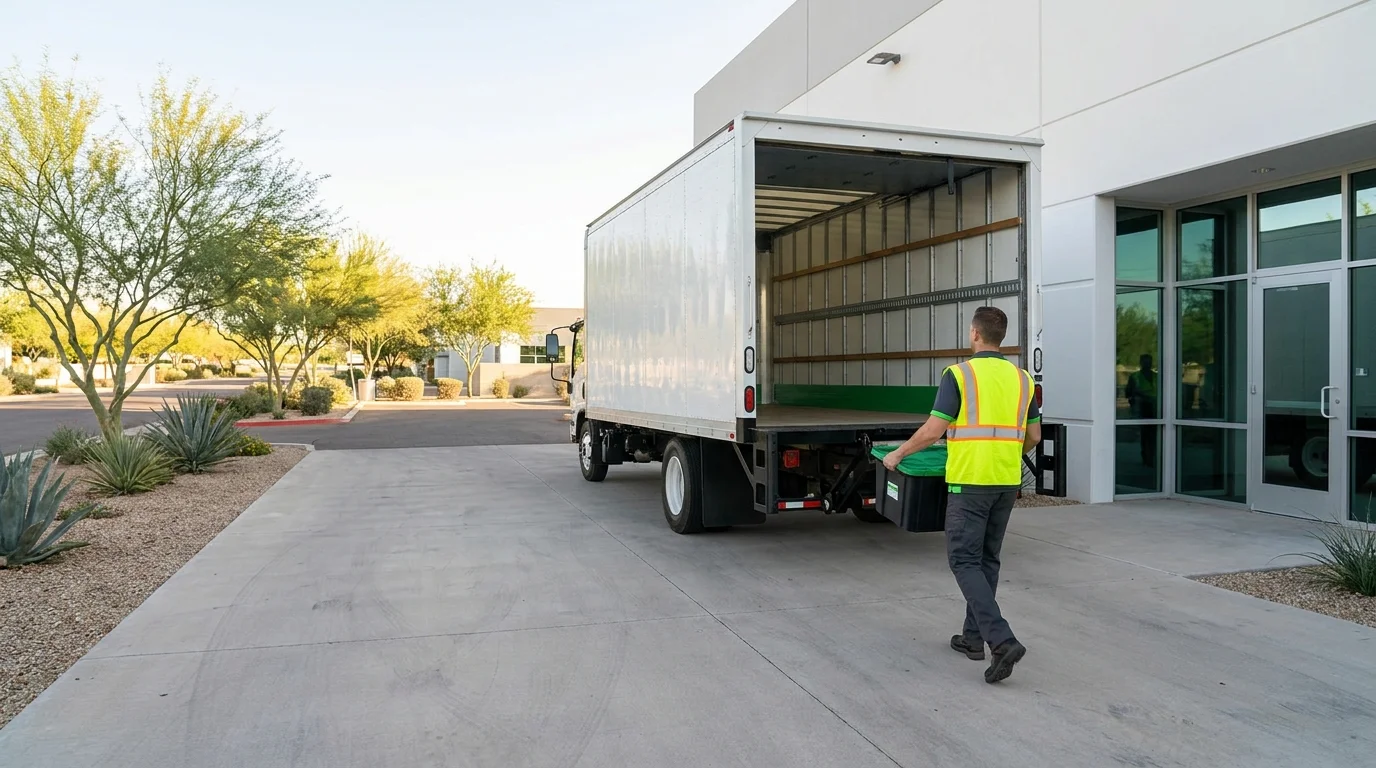 Technician carrying a tote bin toward a cargo vehicle at a Phoenix-area loading dock