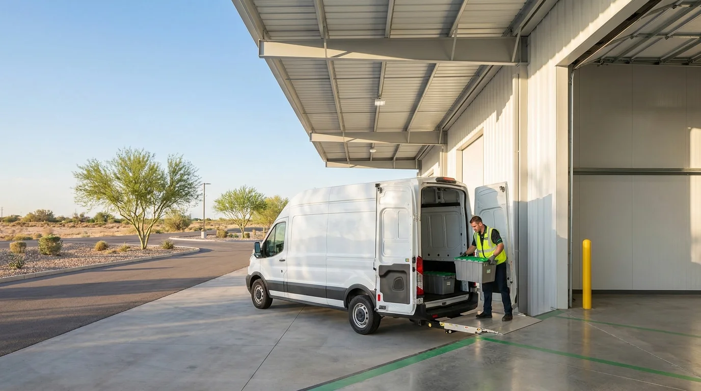 Technician carrying a tote bin toward a cargo vehicle at a Phoenix-area loading dock