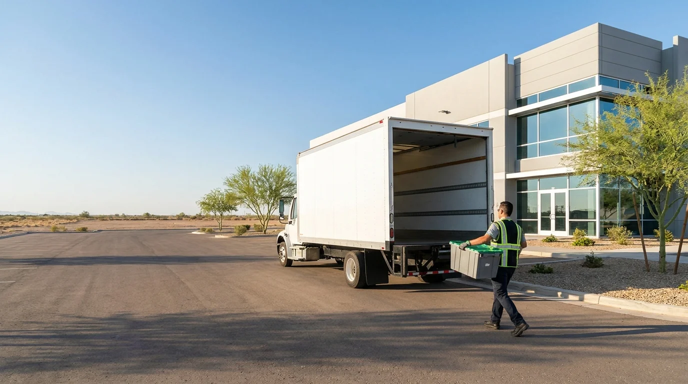 Technician carrying a tote bin toward a cargo vehicle at a Phoenix-area loading dock
