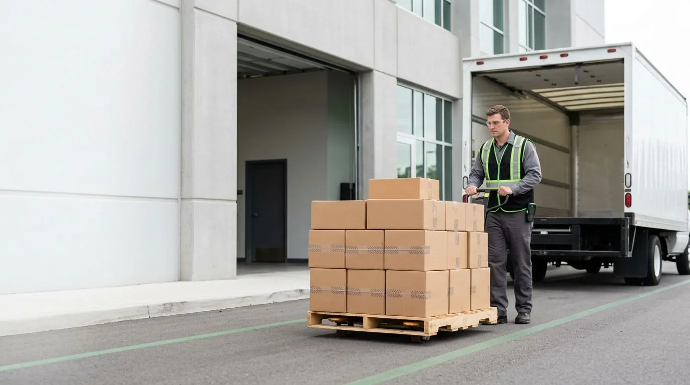 Technician moving a pallet of sealed boxed computer equipment from a civic building toward a box truck
