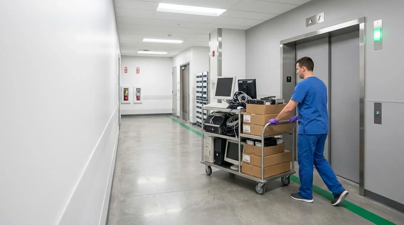 Technician wheeling a cart of retired workstations and monitors through a hospital service corridor