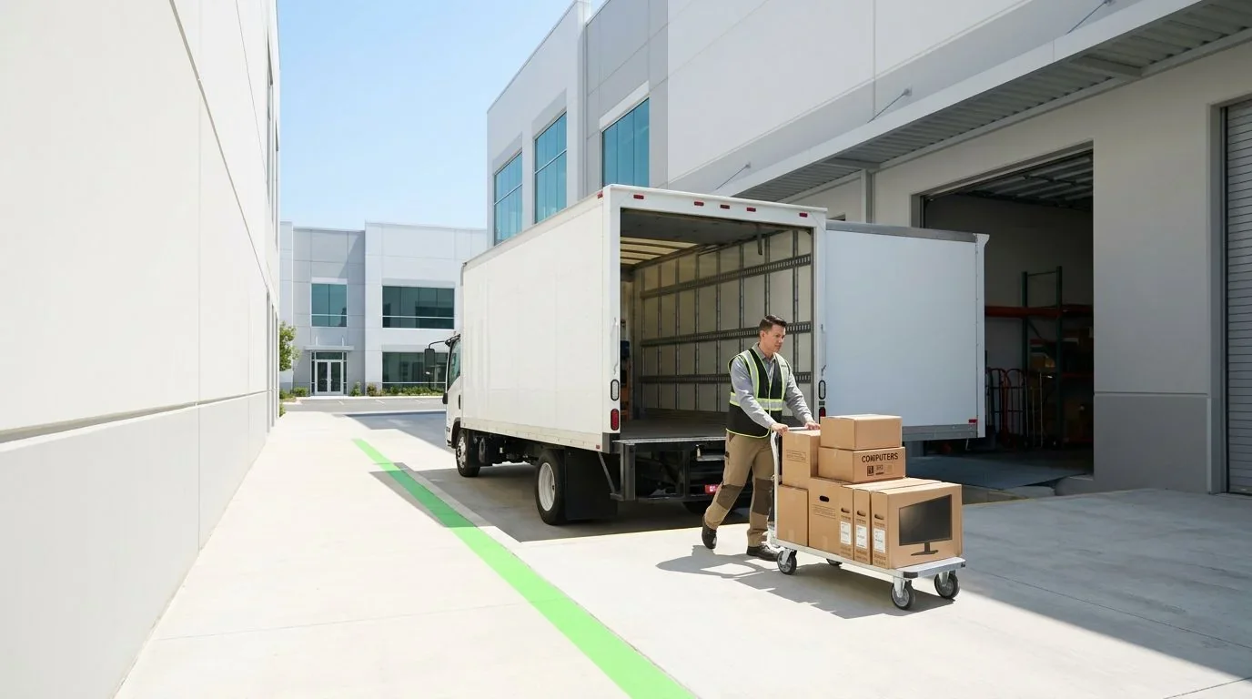 Technician wheeling boxed computers to a box truck at an office building loading dock