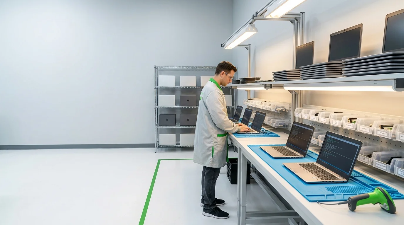 Technician testing a row of open laptops with diagnostic screens lit up on a bright ESD-safe workbench