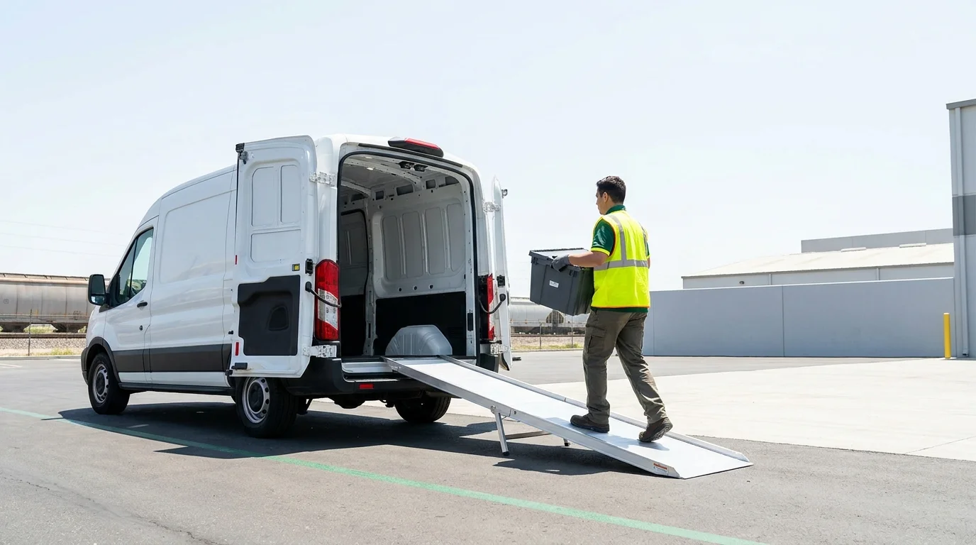 Technician carrying a tote bin up a ramp into a cargo van, with a rail line and low warehouse-district rooftops visible under a big flat sky
