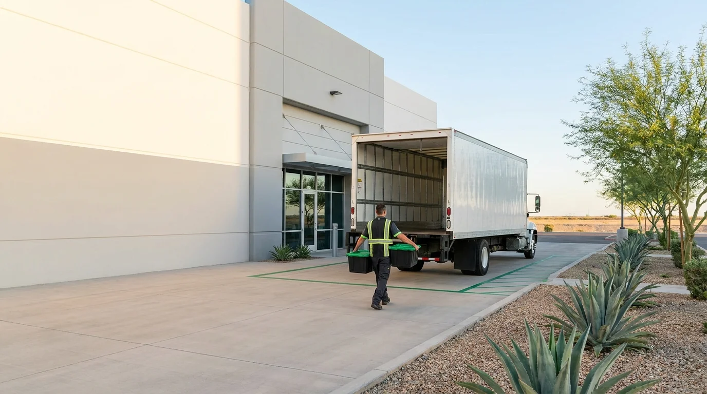 Technician carrying a tote bin toward a cargo vehicle at a Phoenix-area loading dock