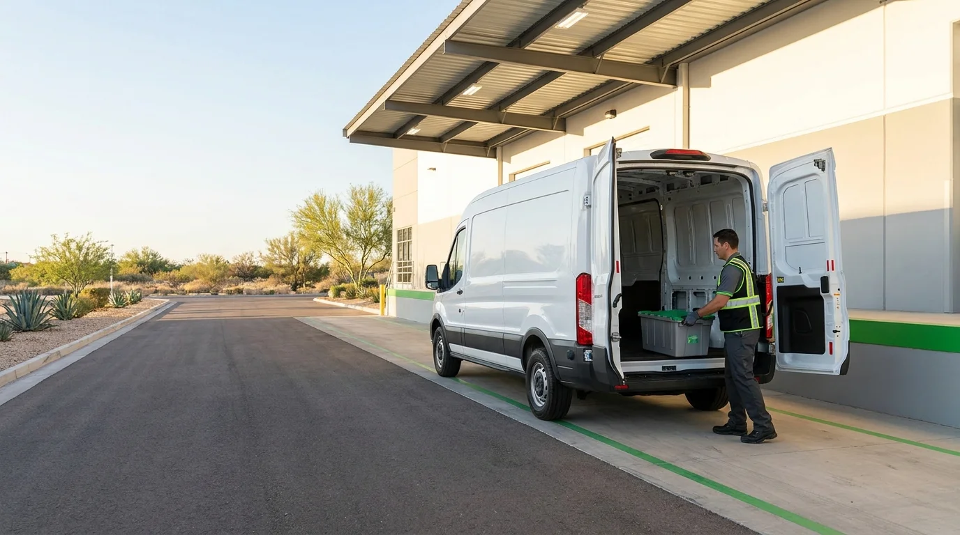 Technician carrying a tote bin toward a cargo vehicle at a Phoenix-area loading dock